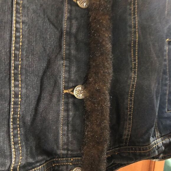 Dennis Basso Mob Wife Dark Denim Faux Fur Trim Jean Jacket - L - Picture 9 of 14